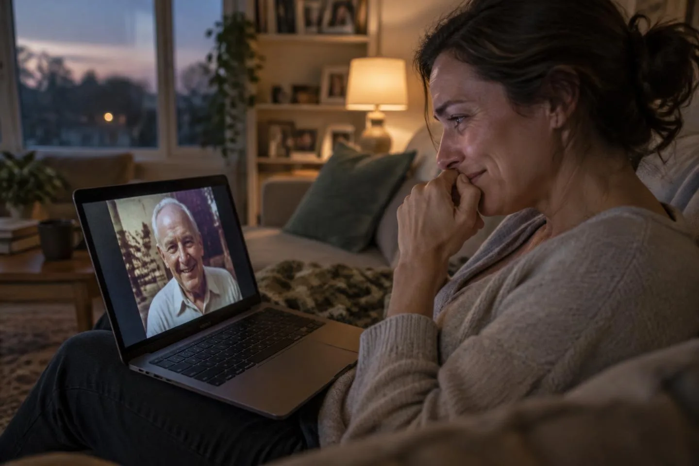 A woman sitting on a sofa in the evening watches an old video message of a smiling elderly man on a laptop and smiles with emotion