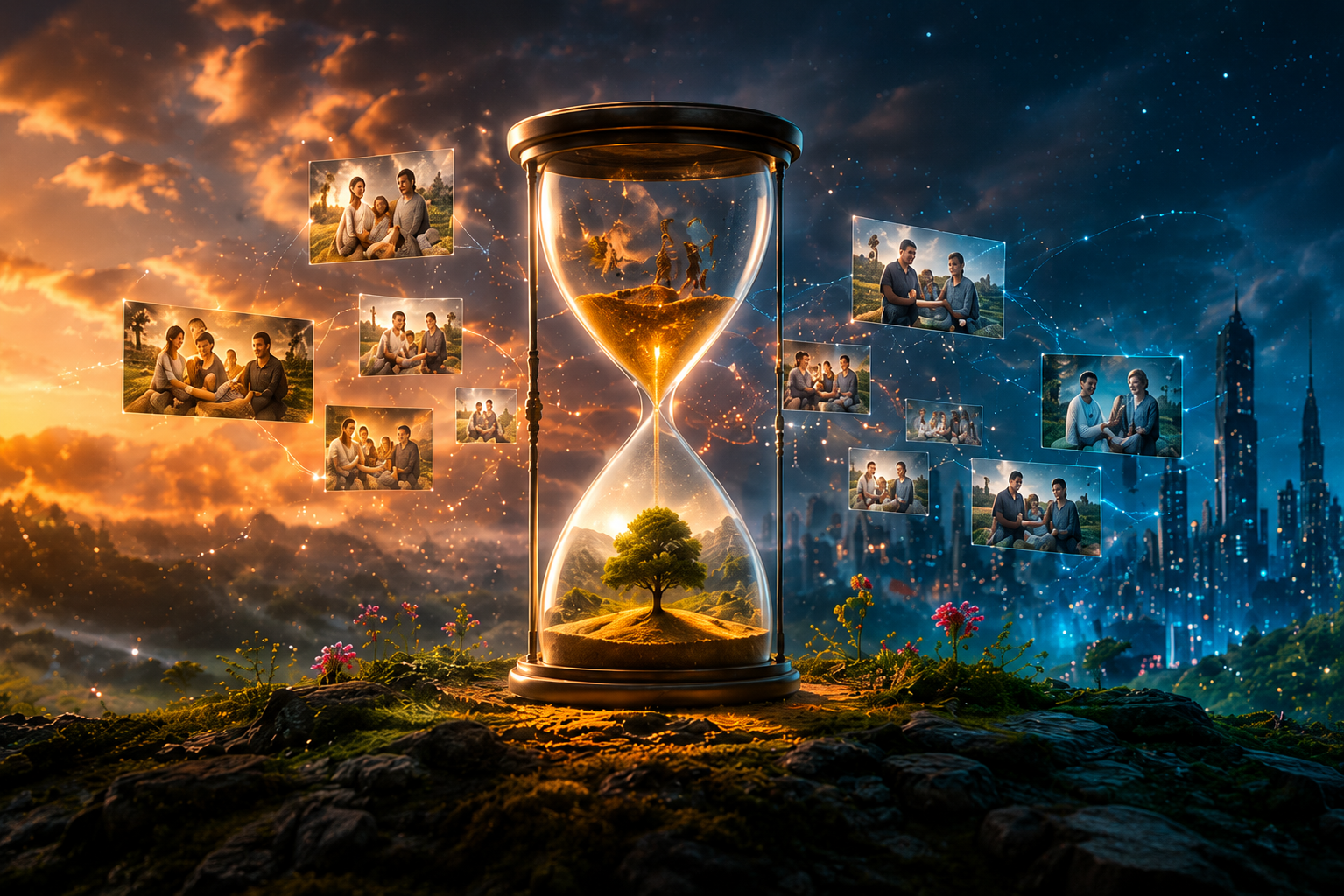 A luminous hourglass where golden sand becomes family memories, connecting past sunsets with future generations