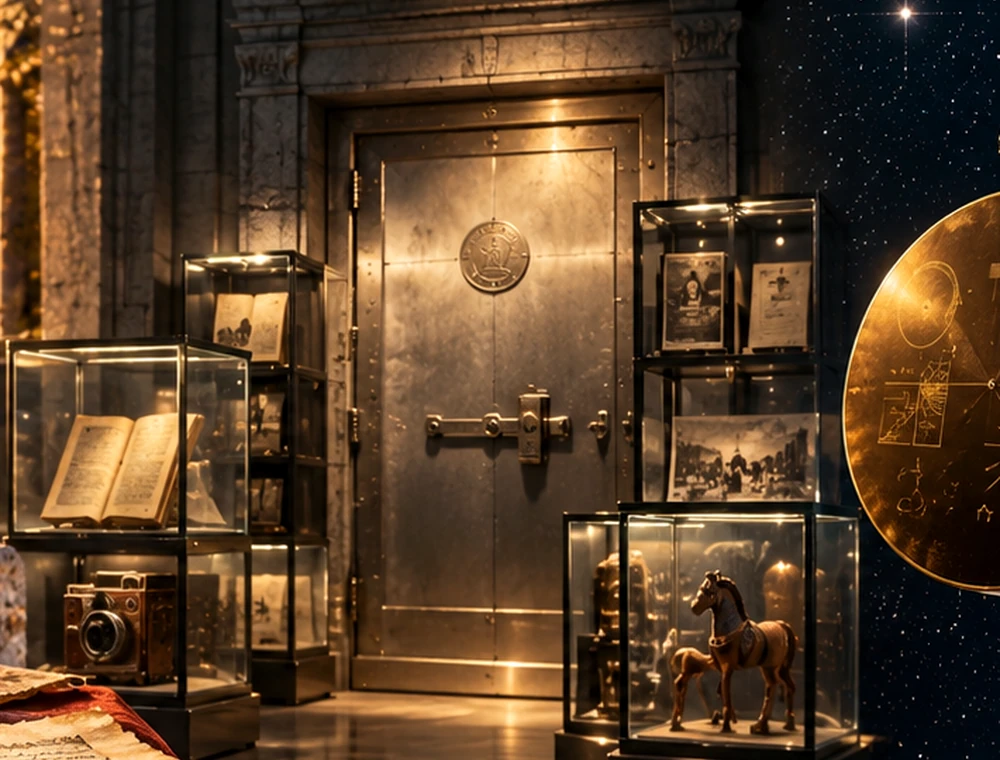 A massive steel vault door beside glass display cases holding an old book, a camera and a toy horse