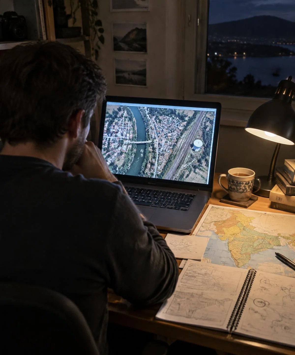 A man at a desk at night studies a satellite image of a small town with a river and railway on a laptop, with a map of India and notes beside him