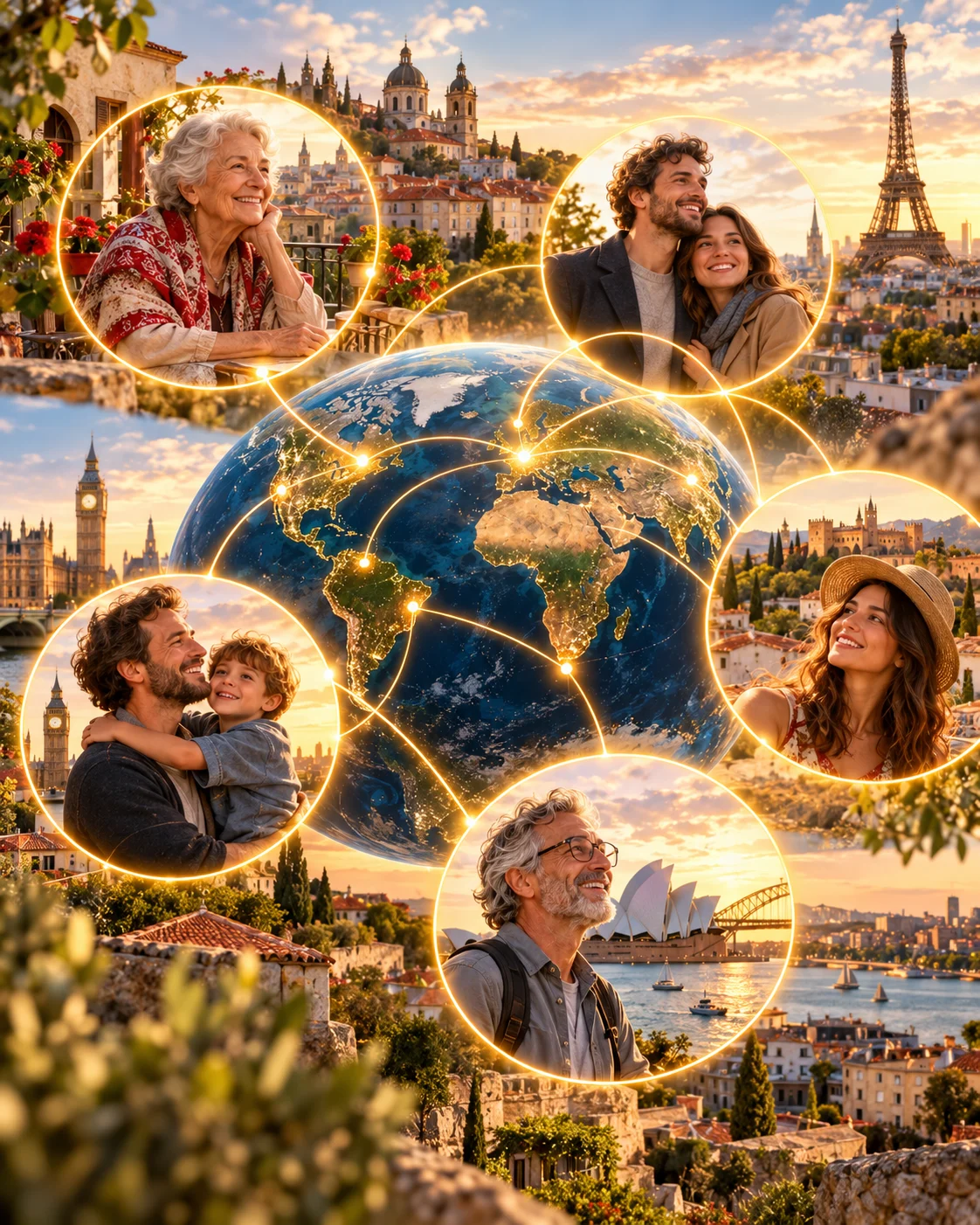 A globe at the centre with portraits of one family's members in cities around the world, from Paris and London to Sydney