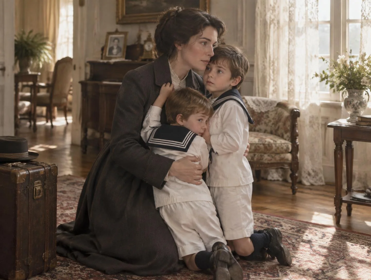 A young mother in a travelling coat kneels in a parlour and embraces her two small sons in sailor suits
