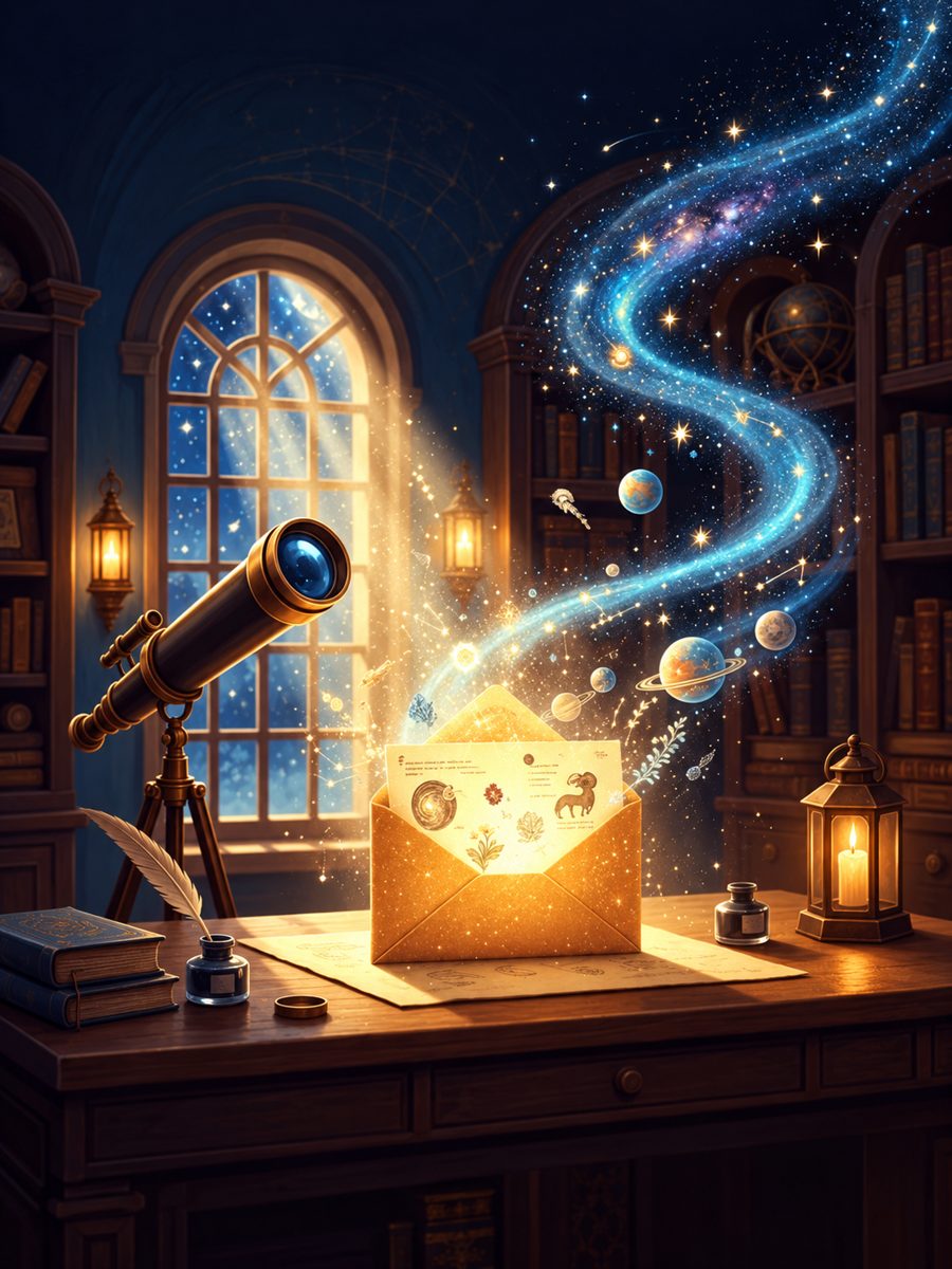A writing desk with an antique telescope, quill and candles; a starry swirl rises from a glowing envelope towards the window