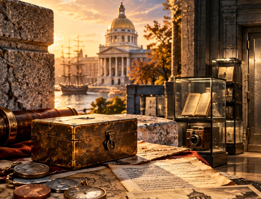 An antique metal chest, coins, a pocket watch and handwritten letters in front of a gold-domed building at sunset