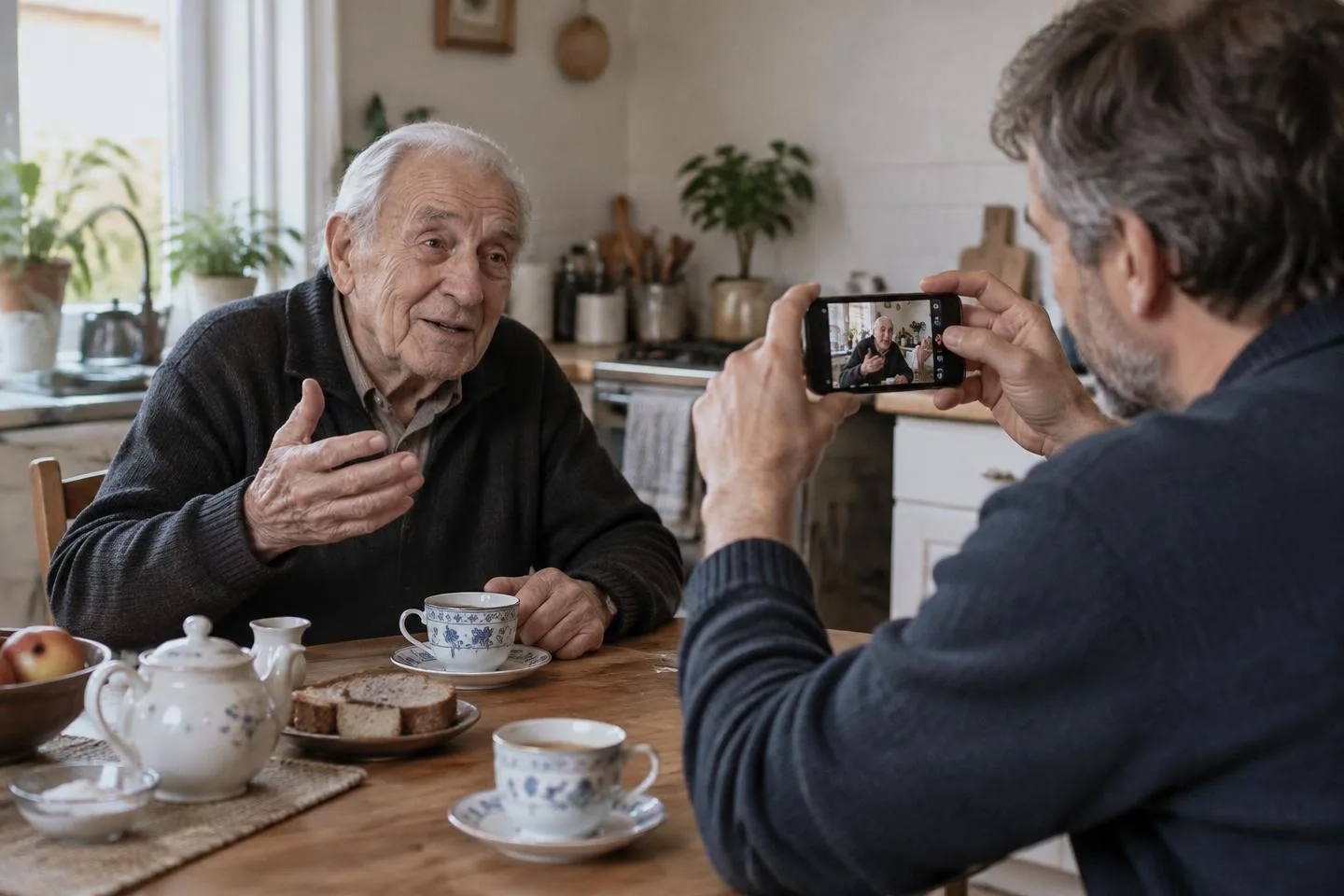 A middle-aged man in a kitchen records his elderly father's story on a phone over a cup of tea