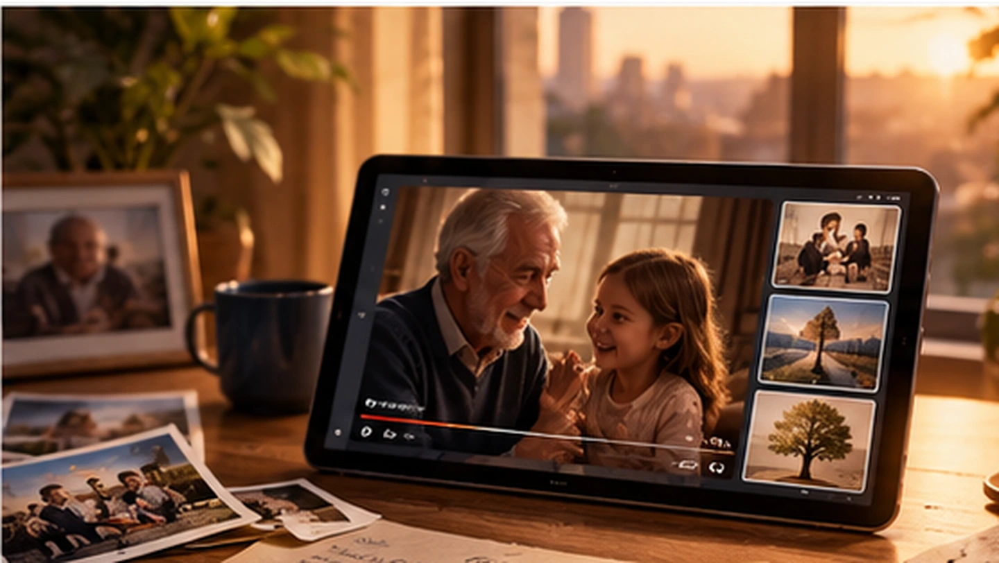 A tablet on a wooden table plays a video of a grandfather smiling at his granddaughter, with old photographs spread beside it