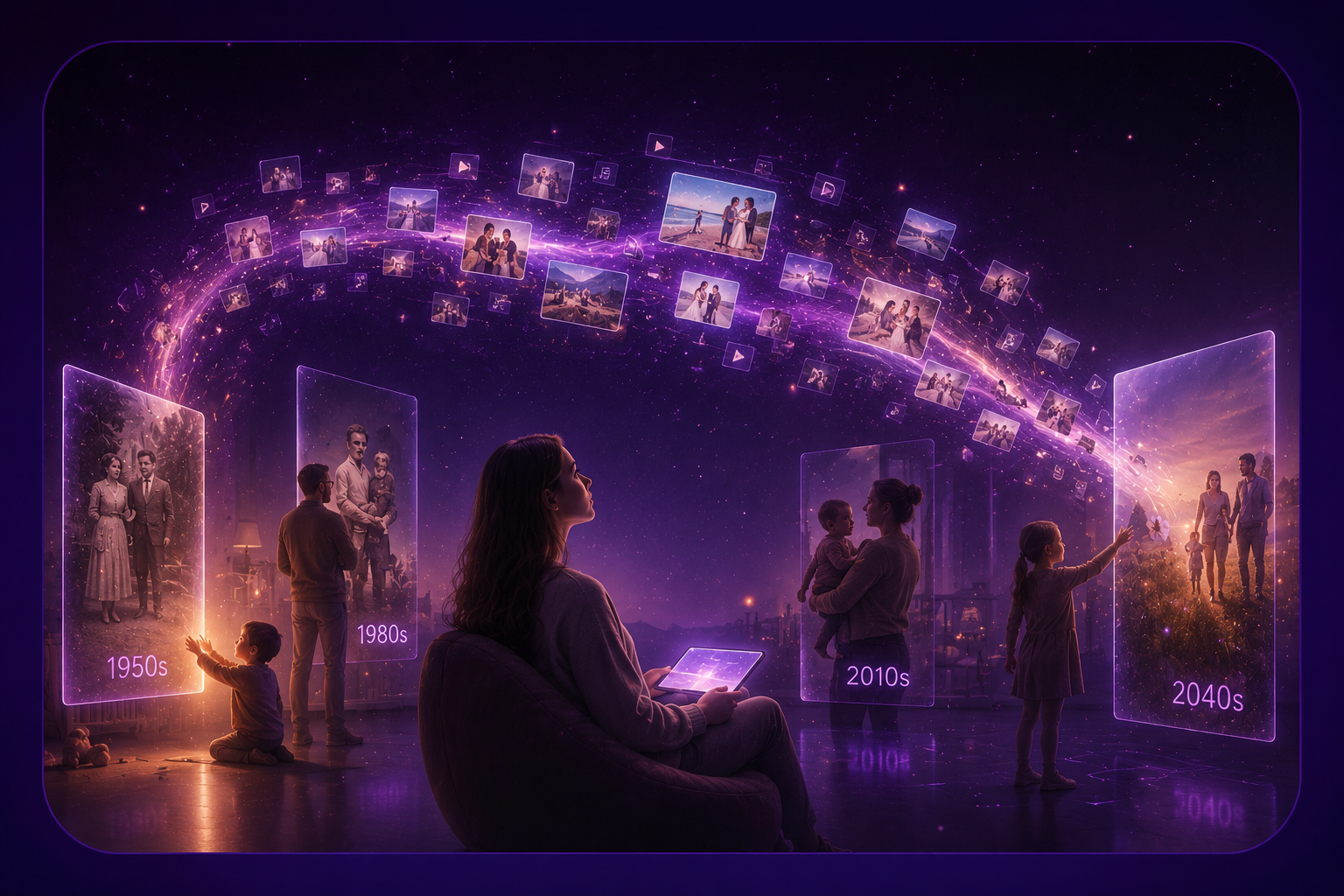 A luminous stream of holographic family photos flowing through glowing portals marked 1950s to 2040s in a deep purple cosmic space