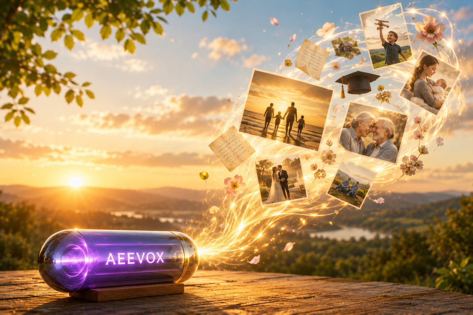 A glowing AEEVOX memory capsule travelling across decades
