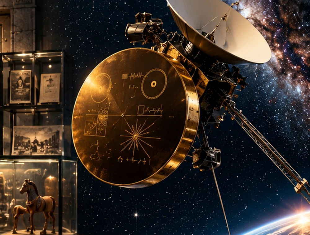 A spacecraft with a large dish antenna and a golden disc against a starry sky and the edge of the Earth