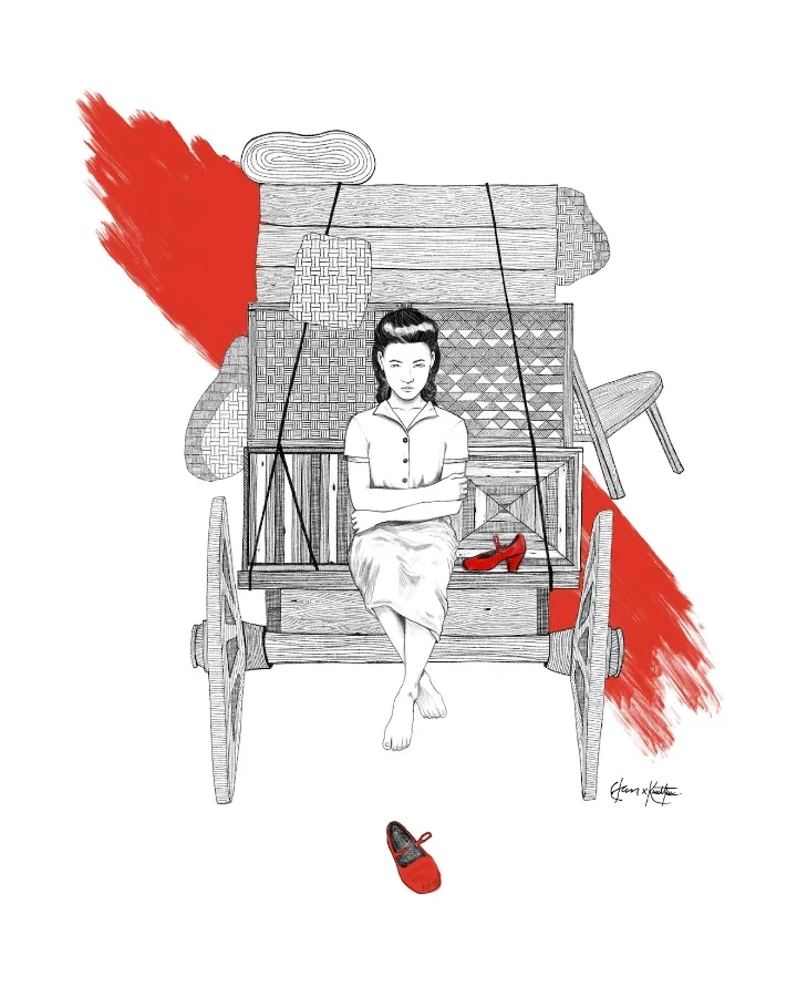 Black-and-white drawing of a girl sitting on a wooden cart loaded with baskets, with a red shoe and red brushstrokes