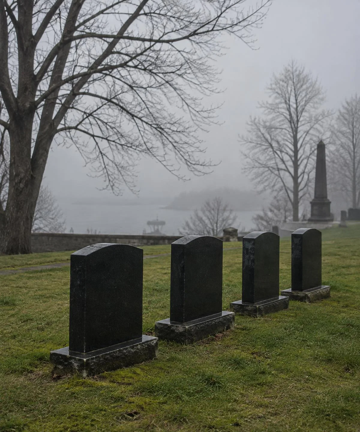 A row of simple black granite headstones on green grass in an old cemetery in the fog