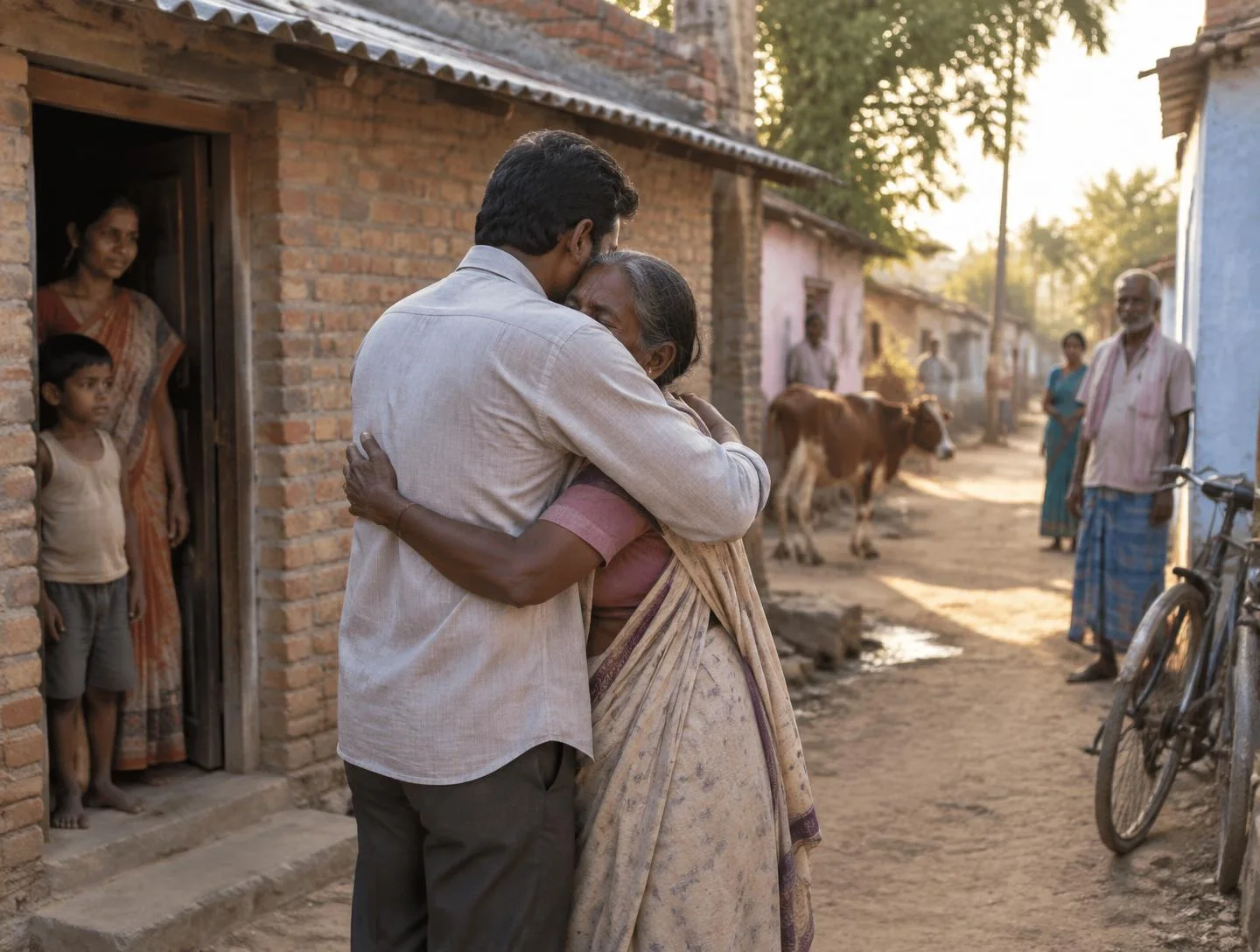 A grown man embraces an older woman in a sari outside a brick house in a narrow lane while neighbours watch from a distance