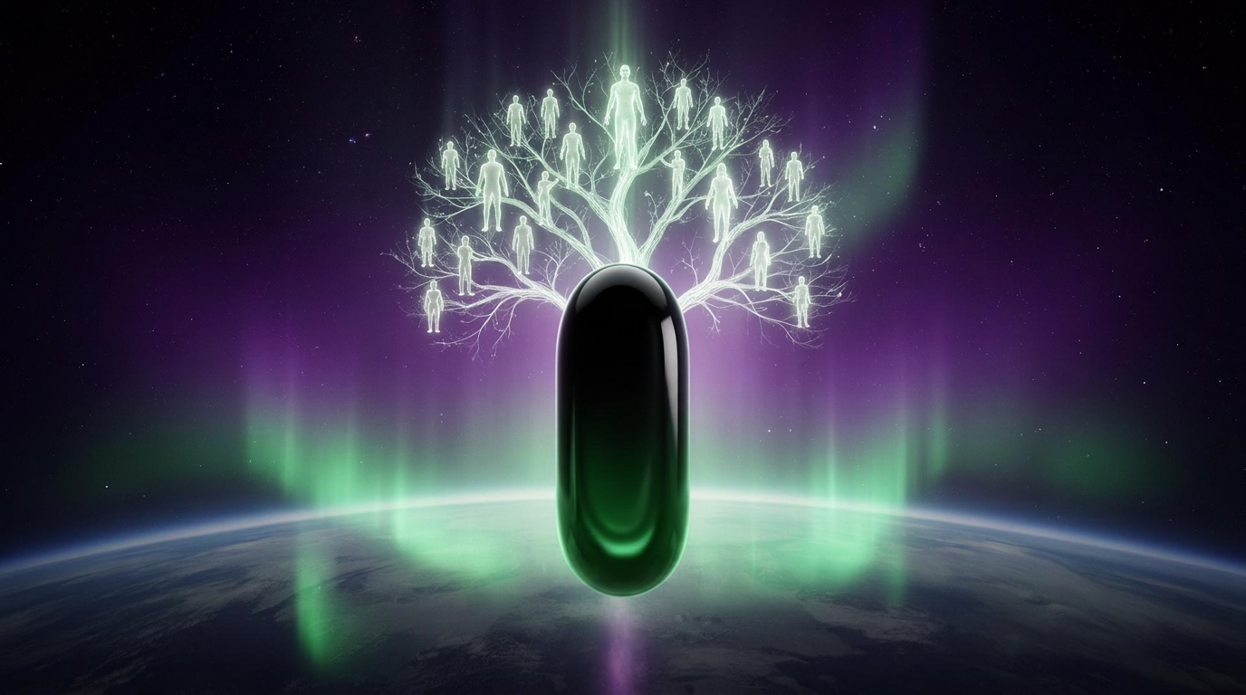 Text-free cinematic artwork of a glowing memory capsule carried across generations
