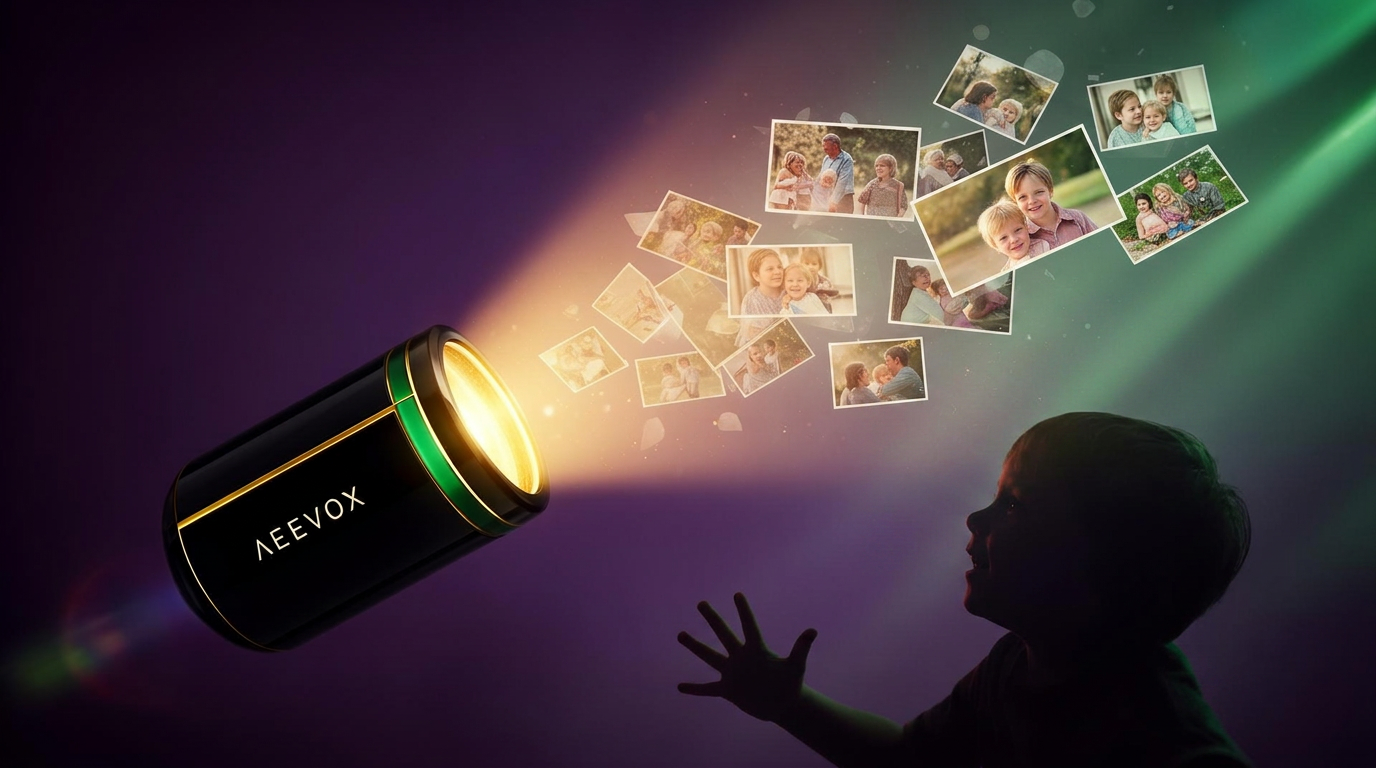 Photographs and film frames floating up from an opened memory capsule